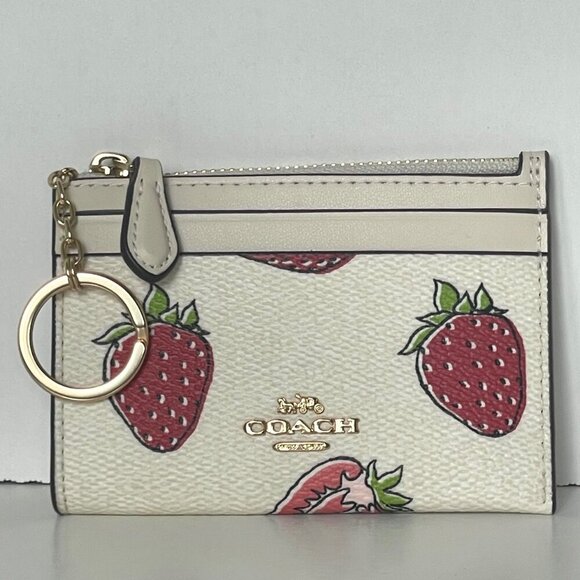Coach Mini Skinny ID Wallet Strawberry Print Keyring CAR17 Womens White Red - Picture 6 of 10
